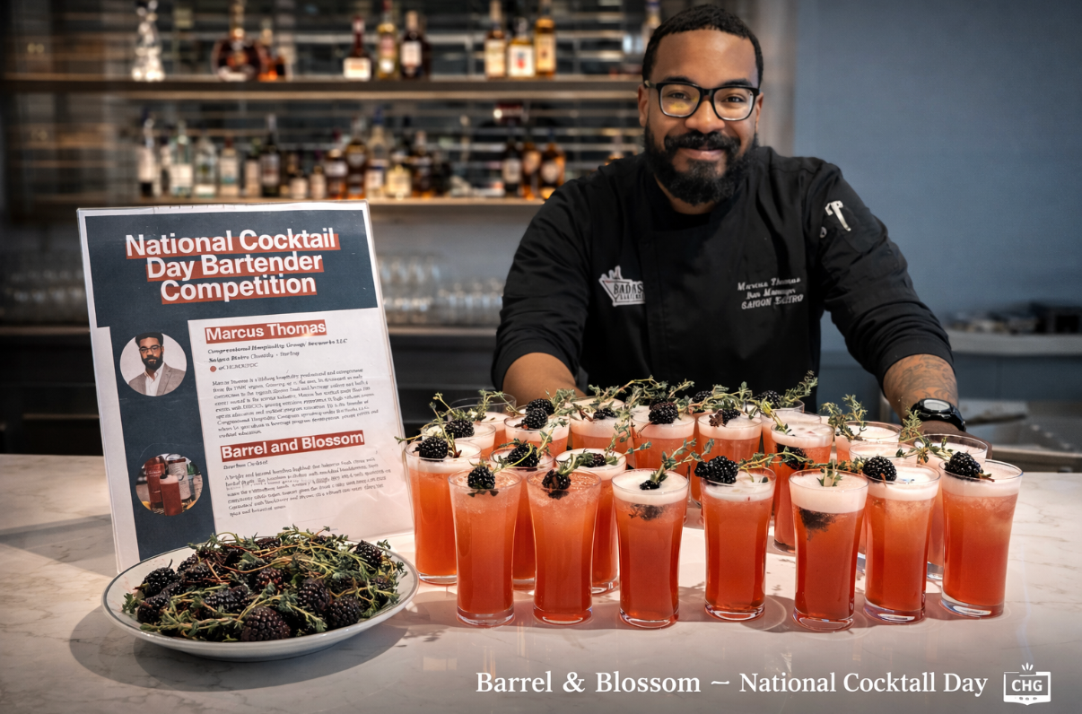 Marcus Thomas presenting his signature cocktail lineup at the DISCUS National Cocktail Day Bartender Competition at Barrel and Blossom
